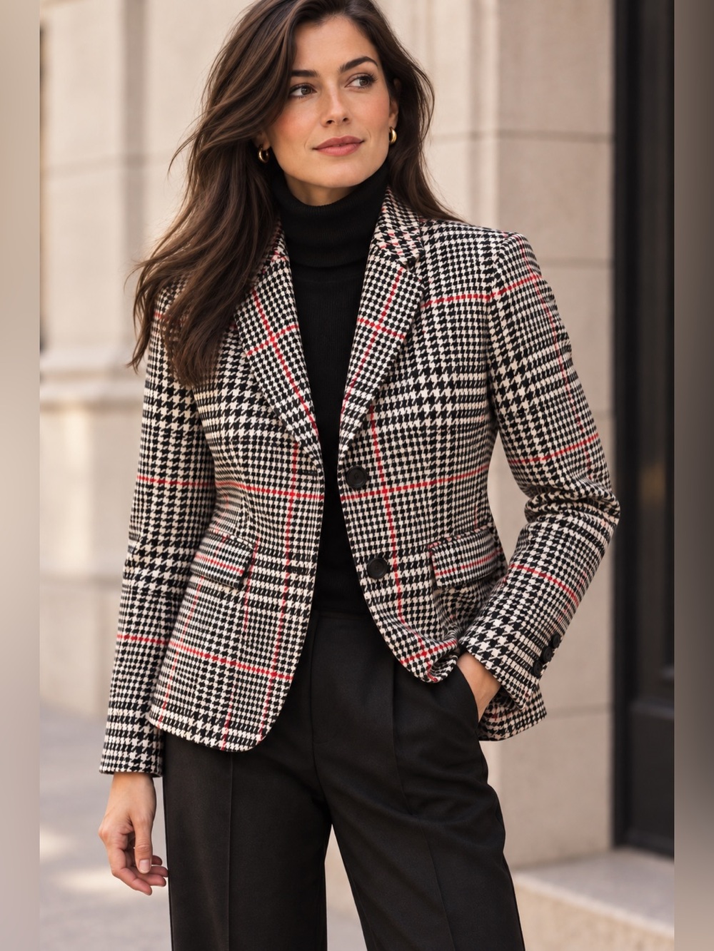 Talbots Herringbone Plaid Blazer Jacket Size 2 Black White Hot Pink